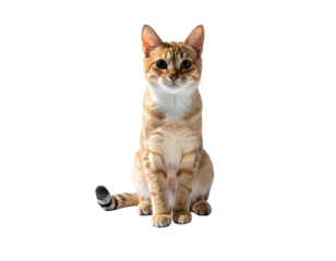 A light brown tabby cat sits facing forward, its white chest and paws contrasting against its striped body and dark tipped tail