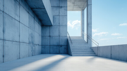 Modern concrete architecture features minimalist design with staircase leading to open space, showcasing clean lines and natural light