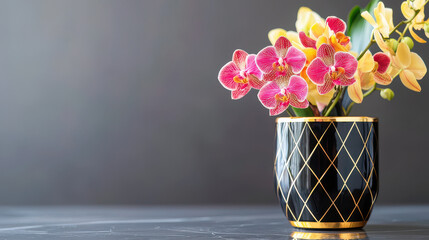 Beautiful arrangement of pink and yellow orchids in stylish black and gold vase, adding elegance to any space