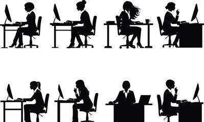 Office desk silhouette set, black, seated poses, typing, leaning, cup holding, desktop monitor use, vector workplace posture illustration bundle