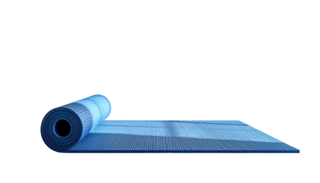 Rolled light-blue exercise mat partially unfurled on black background, showing textured surface and rolled edge