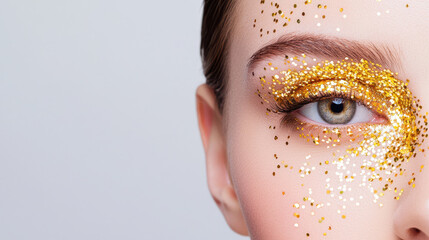 Close up of woman eye adorned with shimmering gold glitter, showcasing striking and glamorous makeup look that captures attention