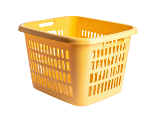 Pale yellow rectangular plastic laundry basket with cut-out ventilation holes and side handles