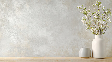 Stylish backdrop featuring textured wall with white vase and smaller gray vase holding delicate flowers, creating serene atmosphere