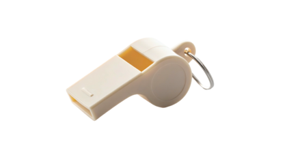 Off-white plastic whistle with a small ring attached, angled slightly to the right, isolated on a black background