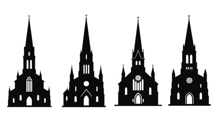 Fototapeta premium Silhouettes of four distinct gothic churches with tall spires and architectural details vector