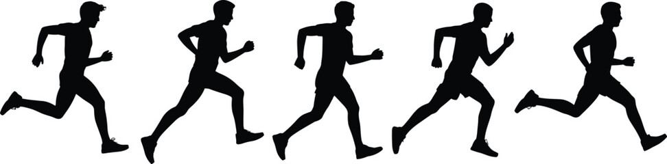 Running silhouettes, human stride sequence, black and white vector, athlete motion, sports science, biomechanics study, fitness design, exercise art, animation reference, stock image
