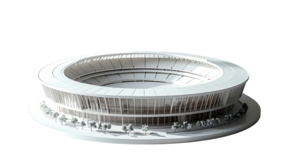 A white architectural model of a circular stadium with tiered seating, surrounded by small trees on a base