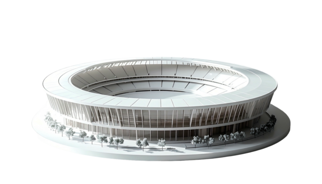 A white architectural model of a circular stadium with tiered seating, surrounded by small trees on a base