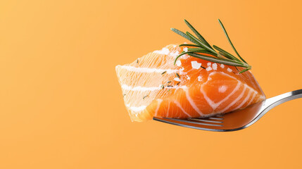 Fresh salmon fillet on fork garnished with rosemary and sea salt, set against vibrant orange background, evokes sense of culinary delight