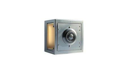 A metallic, cube-shaped safe with a circular dial and an illuminated interior, set against a black background