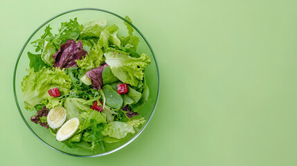 Fresh salad with mixed greens, lettuce, and cherry tomatoes in clear bowl on green background, evoking sense of health and vitality