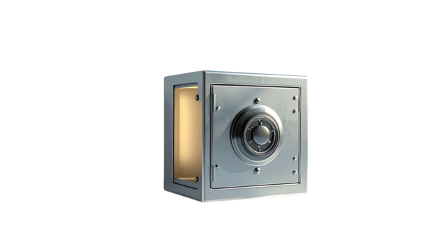 A metallic, cube-shaped safe with a circular dial and an illuminated interior, set against a black background