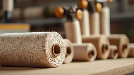 High quality spools of beige thread arranged neatly in textile factory, showcasing craftsmanship and precision in textile production