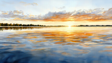 Serene sunset over calm lake, reflecting vibrant colors in water, creating peaceful atmosphere