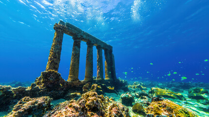 Underwater ruins of ancient columns surrounded by vibrant marine life create serene and mysterious atmosphere