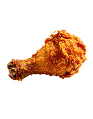 A single, crispy fried chicken drumstick, golden-brown and glistening, isolated on a black background