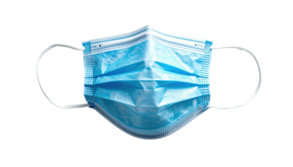 Light blue disposable face mask with ear loops, pleated design, isolated on black background