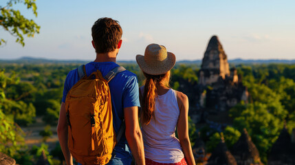 Explorers enjoying scenic view of ancient ruins, surrounded by lush greenery and clear sky, creating sense of adventure and wonder