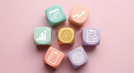 Pastel Business Planning and Achievement Concept with Wooden Blocks and Star Icon