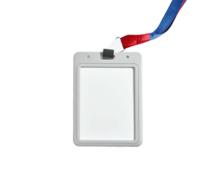 Blank gray plastic ID holder with clear insert and attached red and blue lanyard