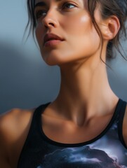 Fototapeta premium Close-up portrait of a young woman's face and upper body. she is wearing a black tank top with a purple and blue galaxy print on it.