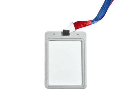 Blank gray plastic ID holder with clear insert and attached red and blue lanyard