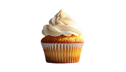 A single vanilla cupcake with swirls of creamy frosting sits on a black background.  The cupcake liner is slightly browned at the bottom