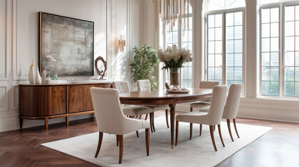 Elegant Neutral Dining Room with Wooden Furniture and Large Windows