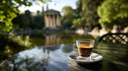 Coffee Cup on Outdoor Table with Classical Columns and Scenic Background