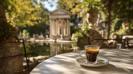 Espresso Coffee on Outdoor Table with Ancient Temple in Background