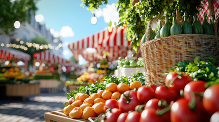 Fresh fruits and vegetables displayed at vibrant outdoor market, showcasing colorful produce and lively atmosphere