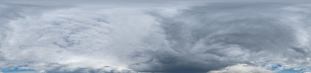 Overcast sky panorama on rainy day with Nimbostratus clouds in seamless spherical equirectangular format. Full zenith for use in 3D graphics, game and for aerial drone 360 degree panorama as sky dome.