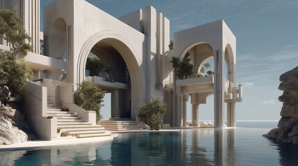 Futuristic Architectural Building with Arches and Water Reflection