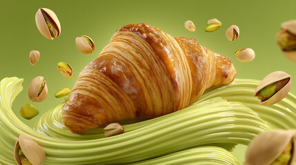 Pistachio Croissant with Flying Nuts and Creamy Dessert Concept