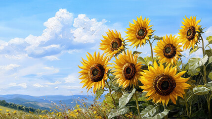 Vibrant sunflowers bloom under bright blue sky, showcasing their golden petals and lush green leaves, creating cheerful and lively scene
