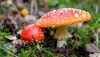 Red poisonous mushroom on forest floor.