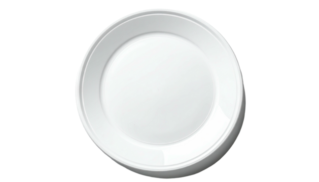 A pristine, round, white plate with a slightly raised edge and subtle concentric ring detailing - Powered by Adobe