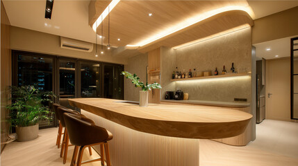 Modern Home Bar with Wooden Counter and Warm Ambient Lighting