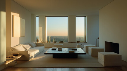 Modern minimalist living room with neutral furniture and panoramic skyline view at sunset.
