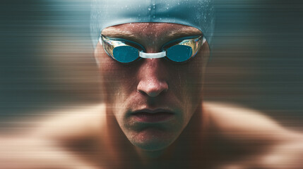 Intense portrait of male swimmer with goggles and cap, wet skin and motion blur effect.