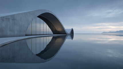 Futuristic Brutalist Building with Water Reflection