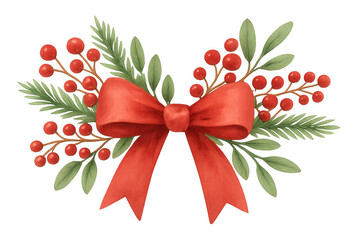 Christmas red bow decorating arrangement with pine tree branches, green leaves, and red winter berries, transparent background