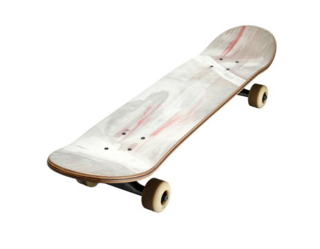 Off-white skateboard deck with subtle red marbling, black trucks, and cream-colored wheels; viewed at a slight angle