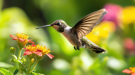 Vibrant hummingbird hovers near colorful flowers, showcasing its iridescent feathers and delicate wings in lush garden setting