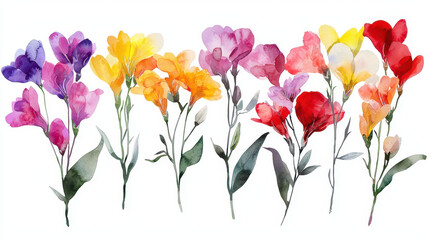 Vibrant watercolor flowers in various colors, showcasing beauty and elegance in botanical style. Perfect for decoration or design
