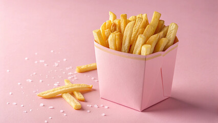 Golden crispy French fries arranged inside a pastel pink food carton, standing on a smooth pink background, professional studio lighting, realistic photo style.