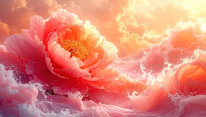 A vibrant pink peony floats on a surreal sea of clouds