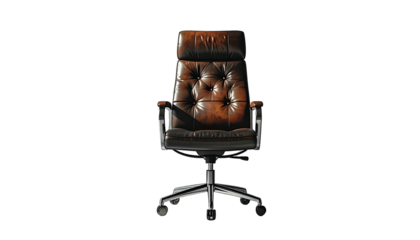 Brown leather executive chair with tufted back, adjustable height, and five-star base, isolated on black background