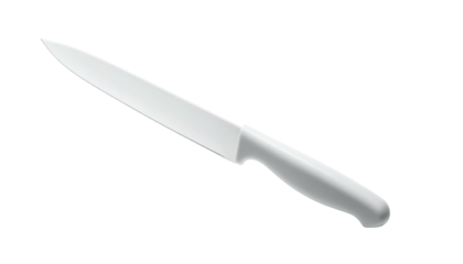 Sleek, silver chef's knife with a gently curved, ergonomic handle;  pointed tip and a long, straight blade